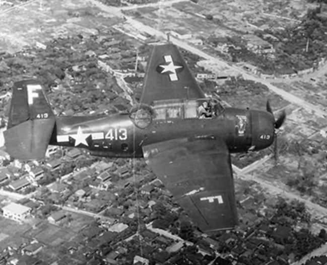 TBM_of_VT-83_Cultured_Vulture_II_USS_Essex_in_flight_over_Japan_August_1945